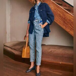 Sezane Austin Jeans Denim Trousers Belted Tie Waist Paperbag Blue Size 38 US 6